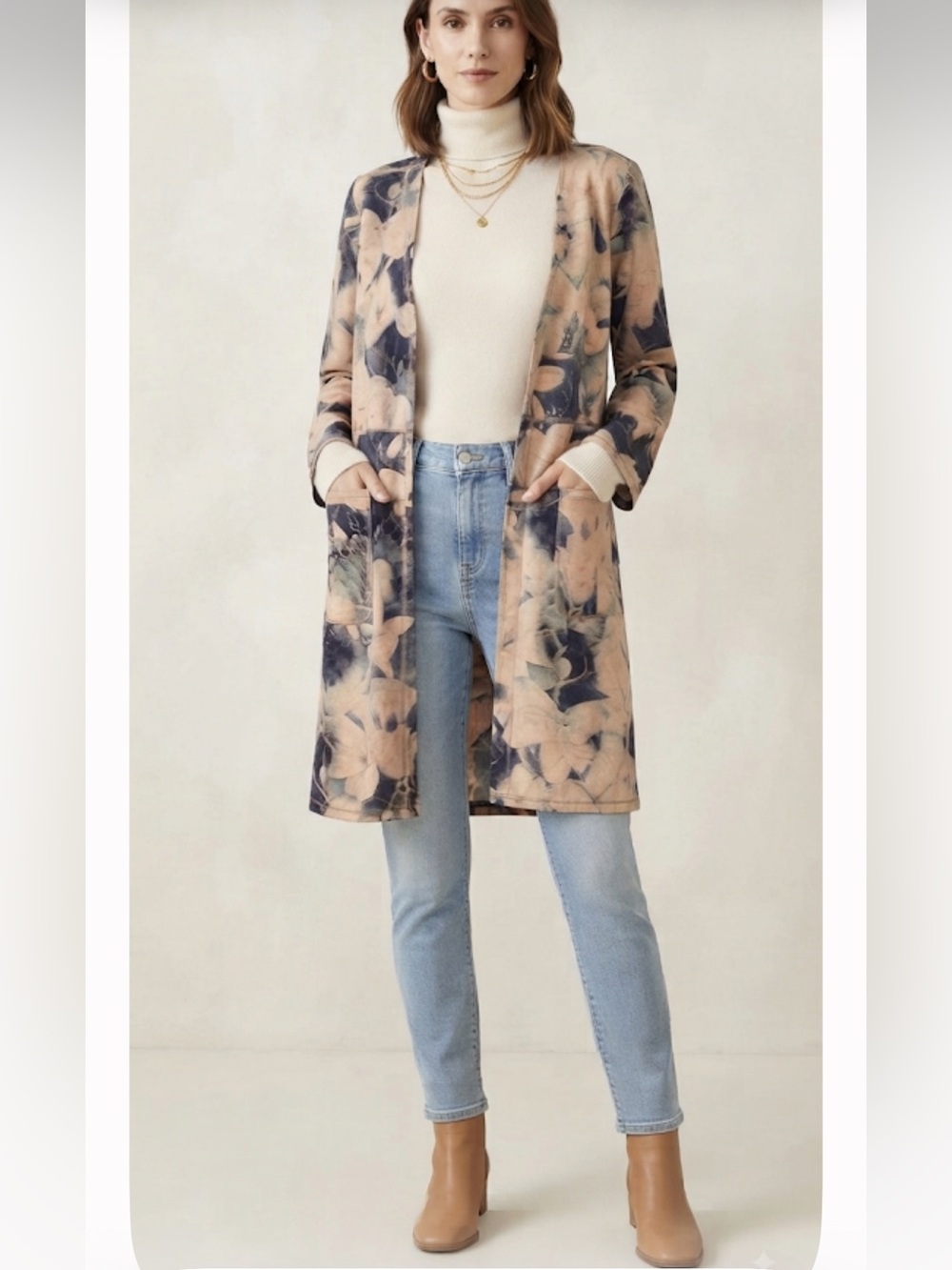 NWOT Solitare Floral Print Open Duster Pockets Size L